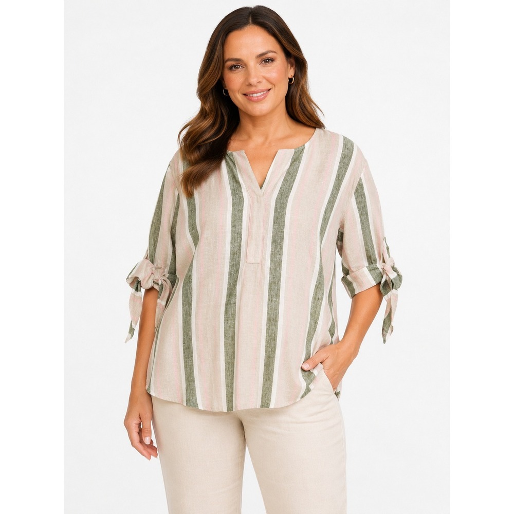 Pink Green Stiped Linen Blouse Sz  XXL Top Coastal Boho Preppy Resortwear Casual